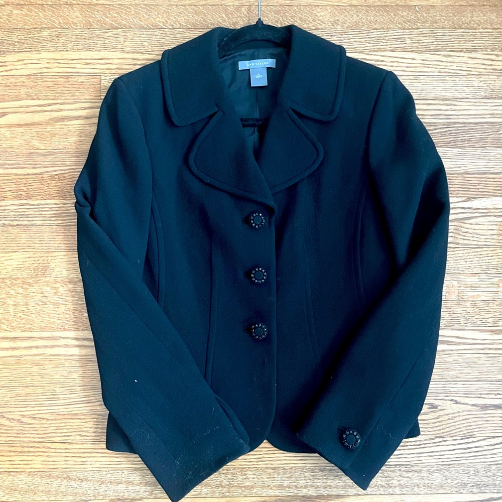 Black Ann Taylor blazer with embellished buttons.